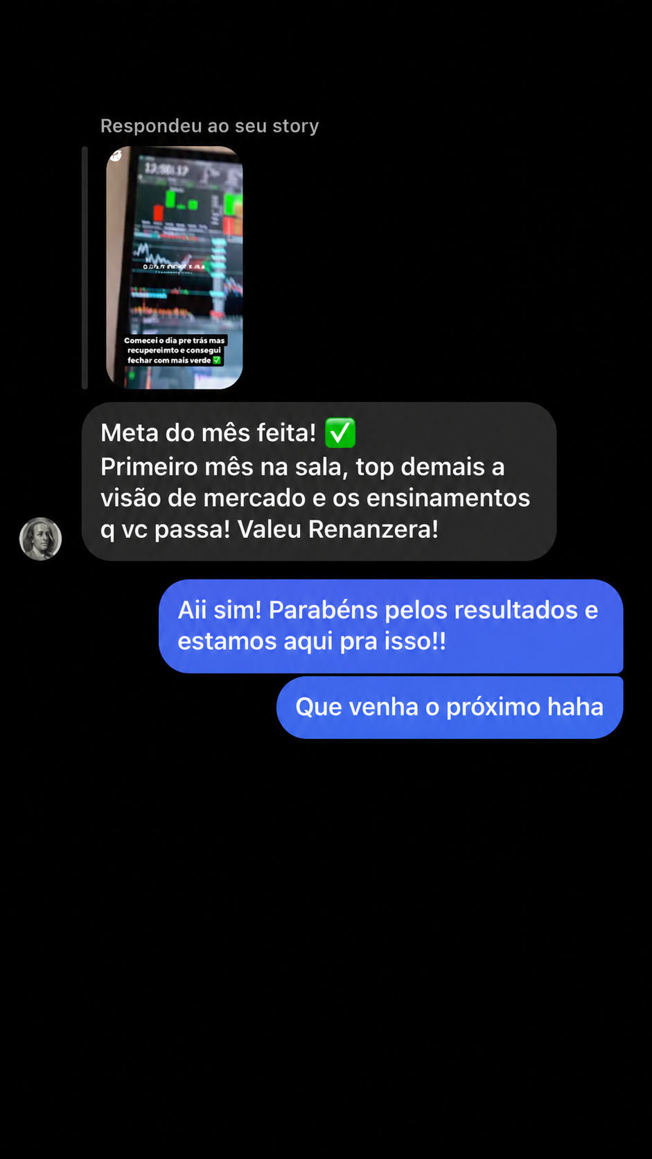 Aluno batendo a meta do mês no primeiro mês de sala