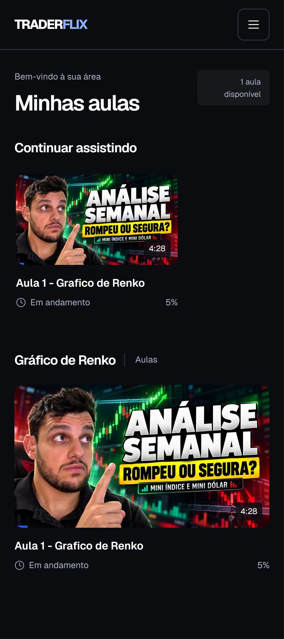 A mesma biblioteca de aulas na versão móvel
